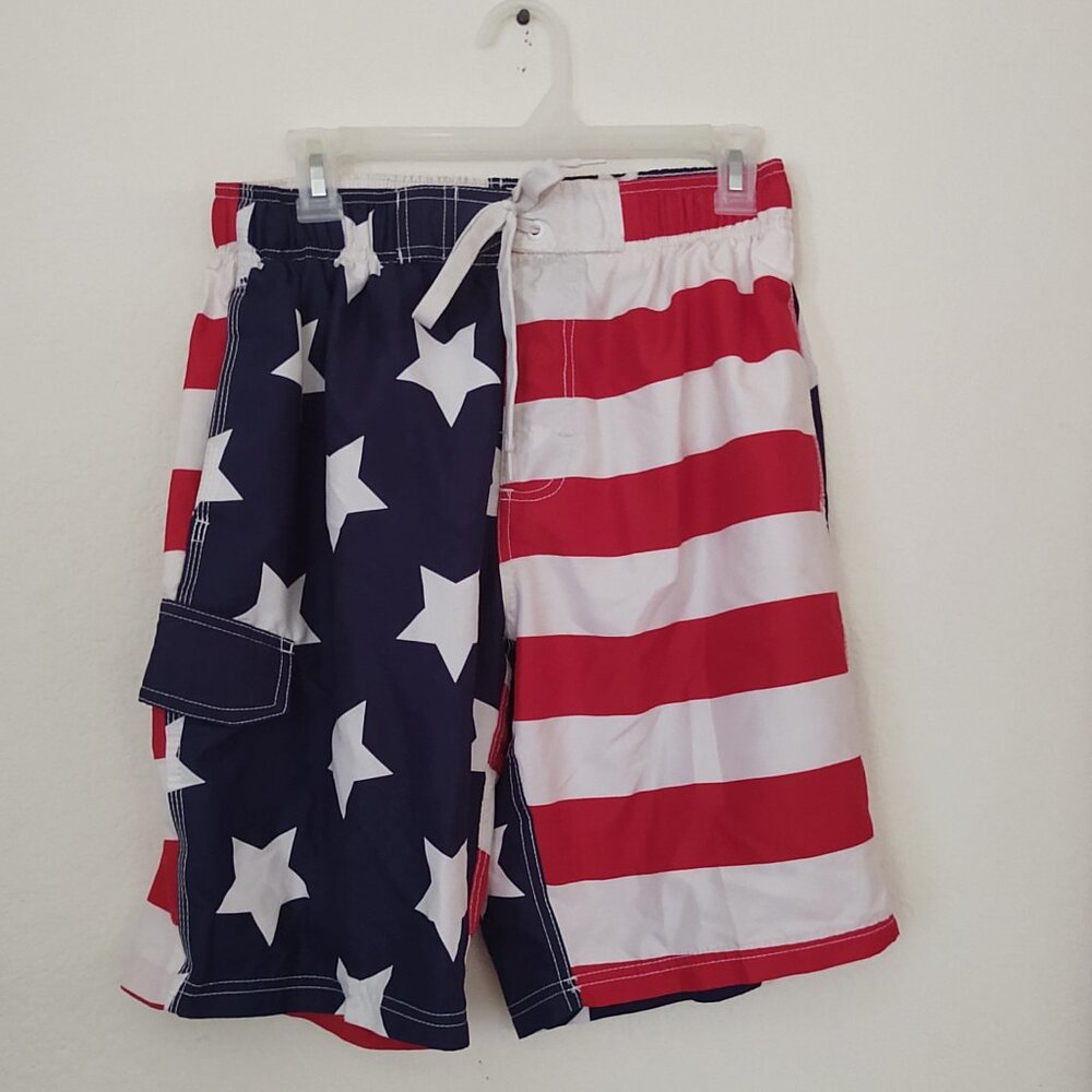 KANU SURF MENS SWIMWEAR MED RED WHITE BLUE AMERICAN FLAG PRINT DRAWSTRING WAIST